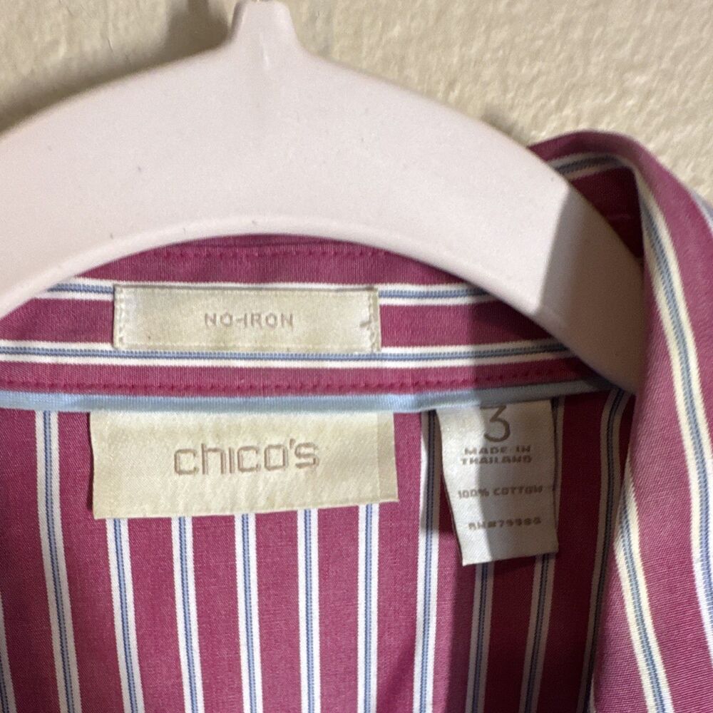 Chico's Women’s Non-Iron Pink/White Striped Cotton Button-Up Shirt Size 3 - Picture 2 of 6